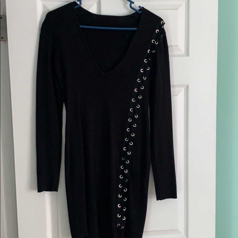 Lace-up V Neck Sweater Dress